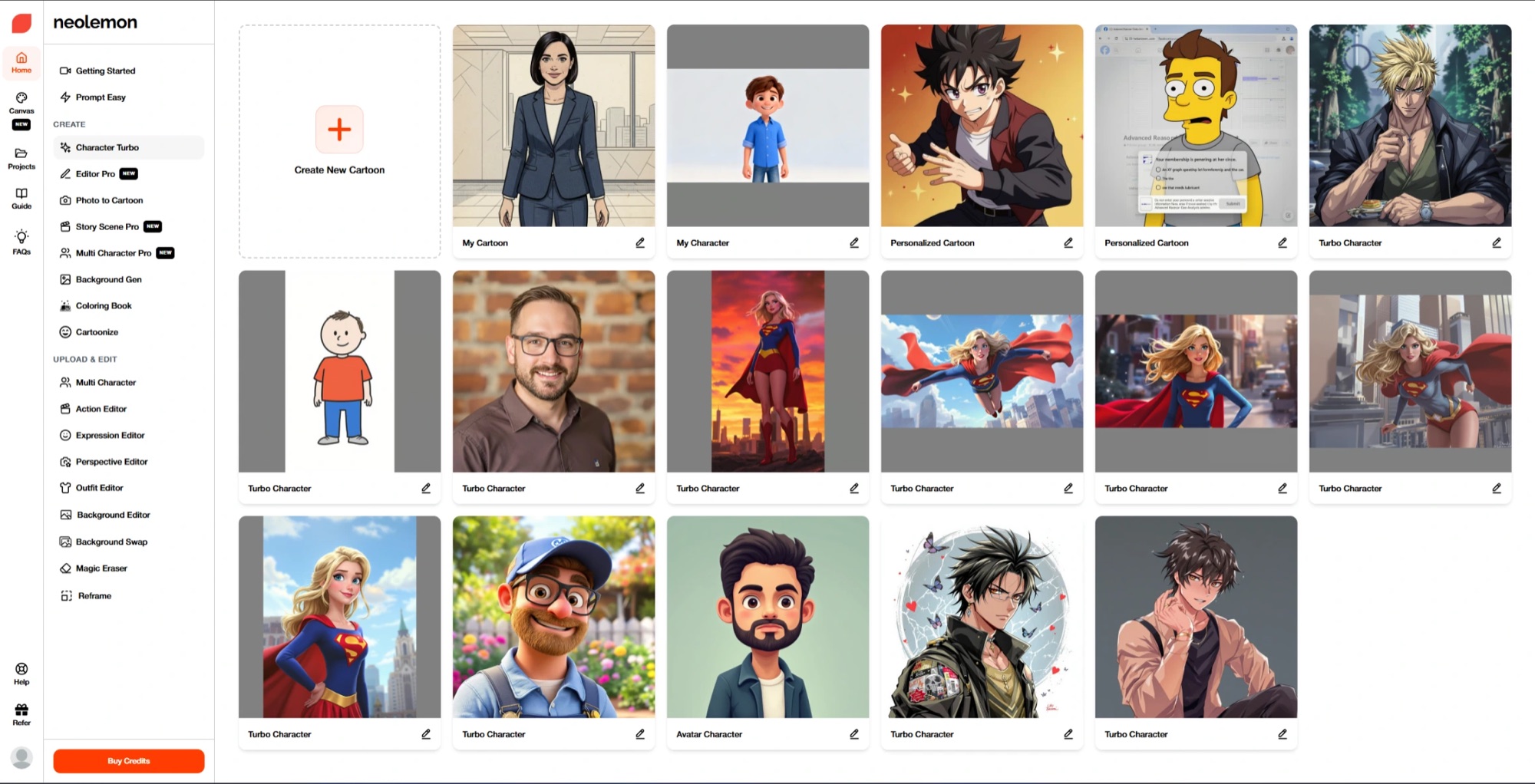 Neolemon creator dashboard — projects, credits, and generation history