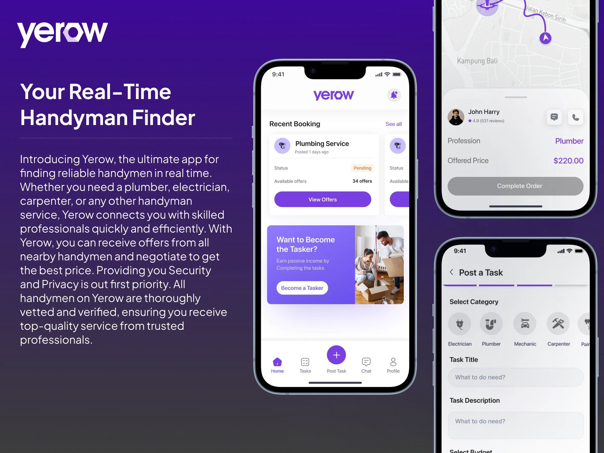 Yerow customer app — chat with the professional, pay, and rate the completed job