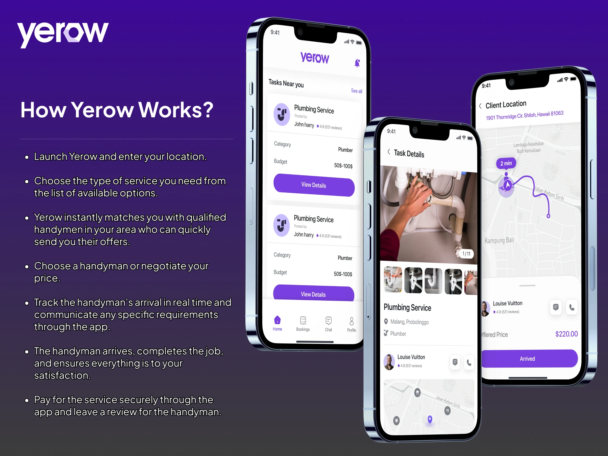 Yerow provider app — nearby job feed, send offer, and earnings wallet